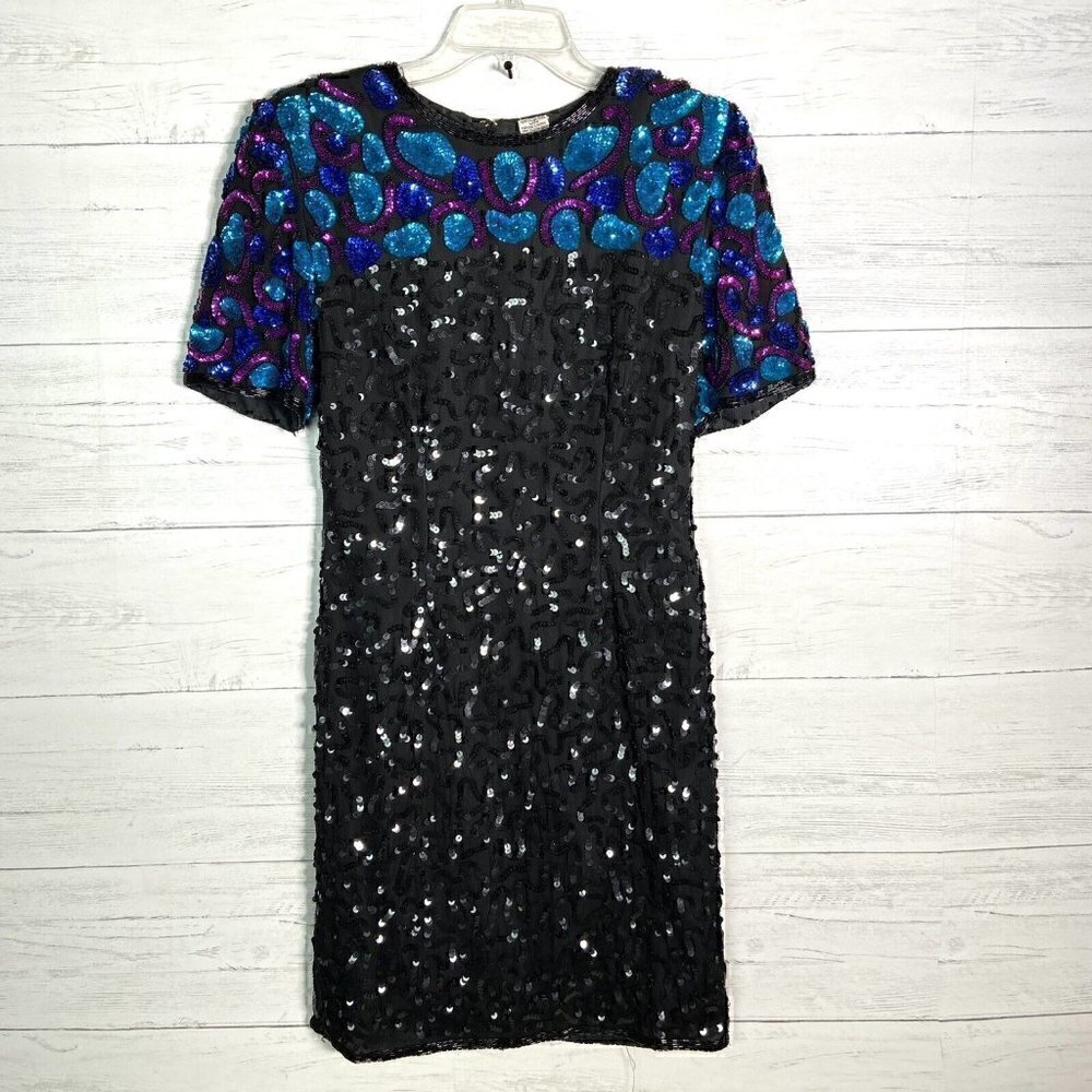 Vintage Stenay 100% Silk Black Sequin Beaded Evening Party Formal Dress